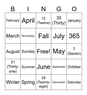 Calendar Bingo Card