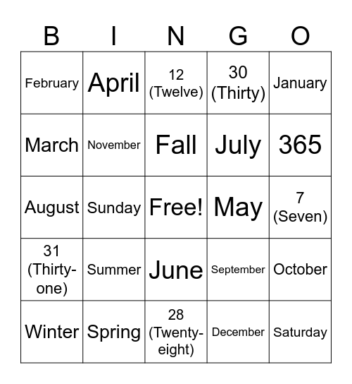 Calendar Bingo Card