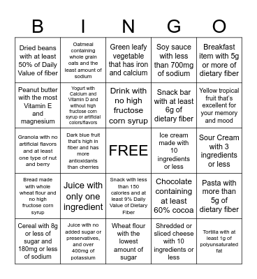 Nutrition Scavenger Hunt Bingo Card