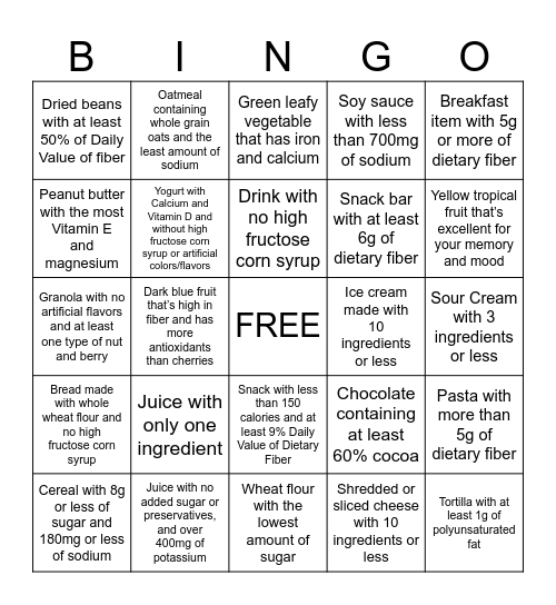 Nutrition Scavenger Hunt Bingo Card