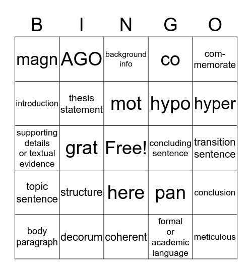 vocab, roots, and lit terms Bingo Card