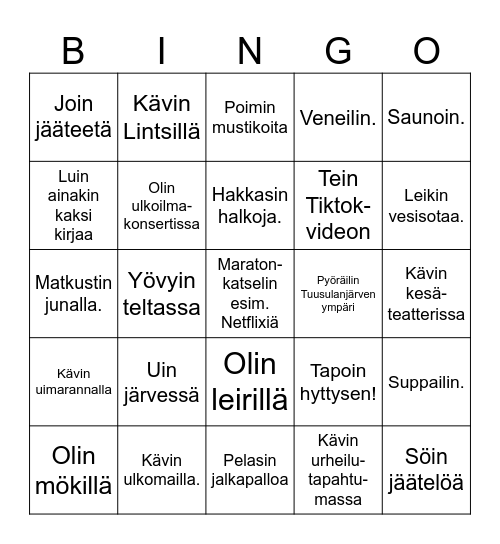 Mitä teit viime kesänä? Bingo Card