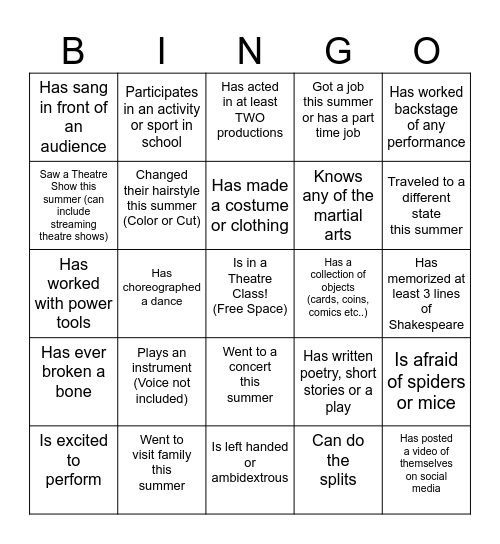 Get to Know You THEATRE Bingo Card
