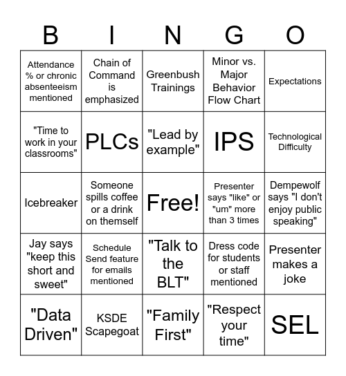 RJSHS PD BINGO Card