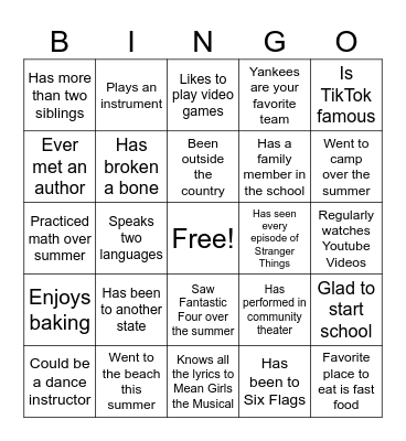First Day of School Bingo Card