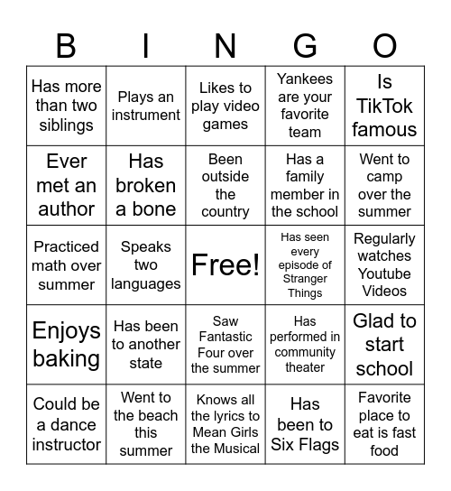 First Day of School Bingo Card
