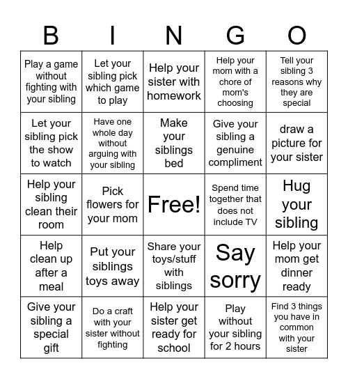 Siblings Bingo Card