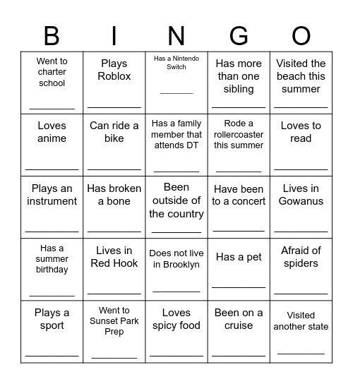 Get to know each other! Bingo Card
