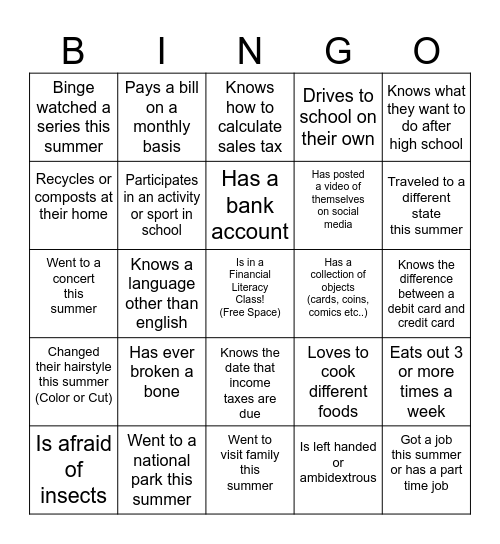 Get to Know You Bingo Card
