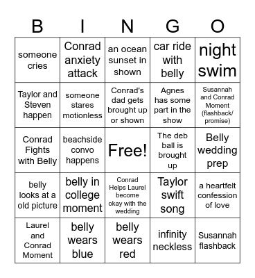 The Summer I Turned Pretty S3E4 Bingo Card