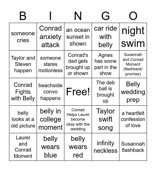 The Summer I Turned Pretty S3E4 Bingo Card