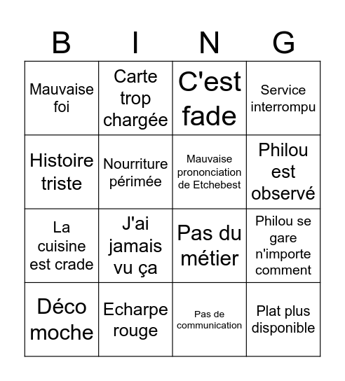 cauchemar en cuisine Bingo Card