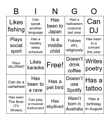 PSY2041 Human Bingo Card