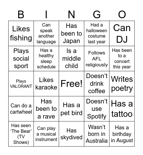 PSY2041 Human Bingo Card