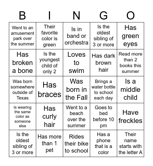 6th Grade ELA: Get to Know You Bingo Card
