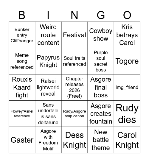 Deltarune chapter 5 bingo Card