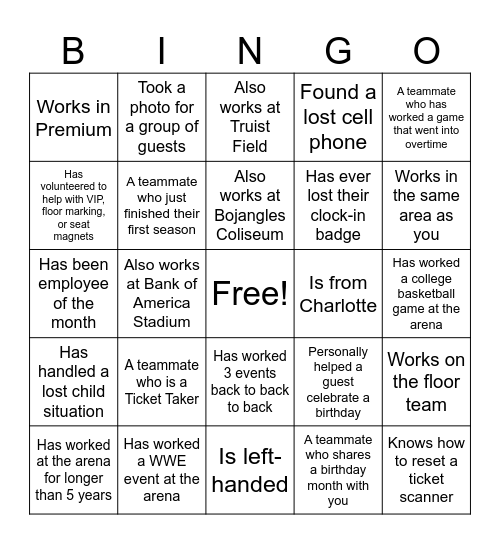 Guest Experience Bingo Card