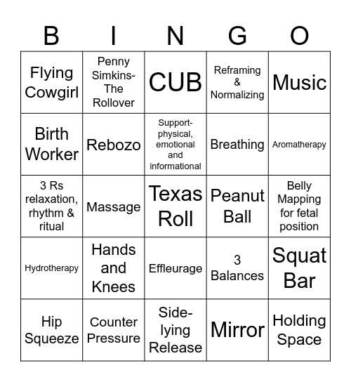 Doula Bingo Card
