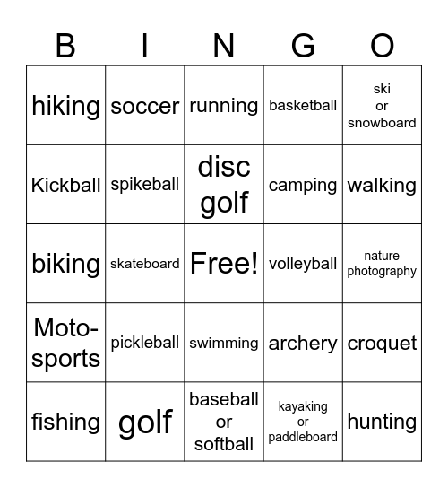Outdoor Recreation Bingo Card