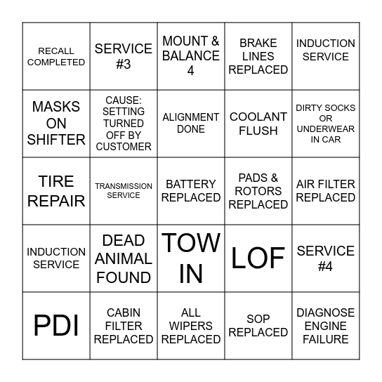 Technician Bingo Card