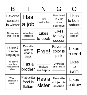 Meet Your Classmates! Bingo Card