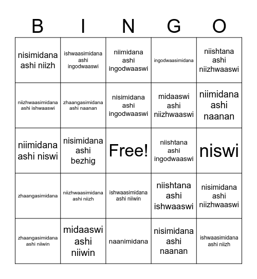 Ojibwemowin Bingo Card