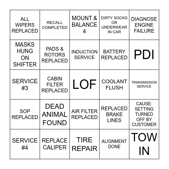 TECHNICIAN BINGO Card