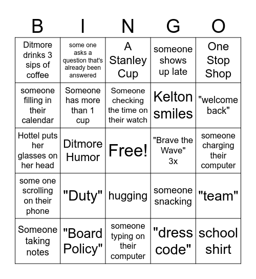 MAMS First Day Back Bingo Card