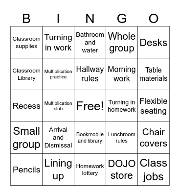 Back to School Bingo Card