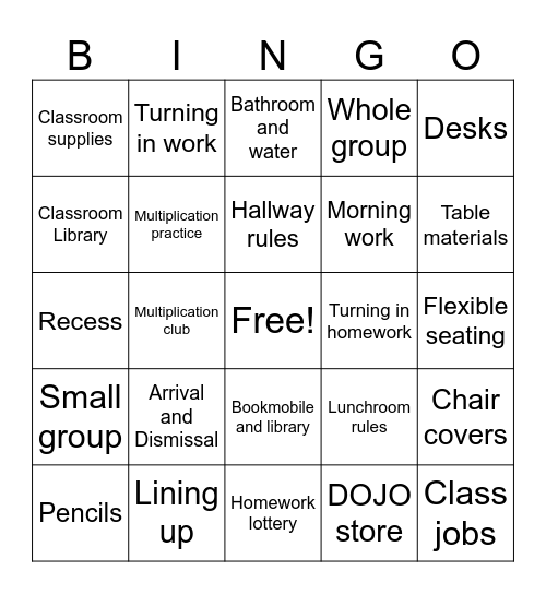 Back to School Bingo Card