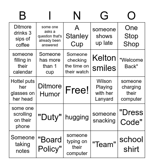 MAMS First Day Back Bingo Card