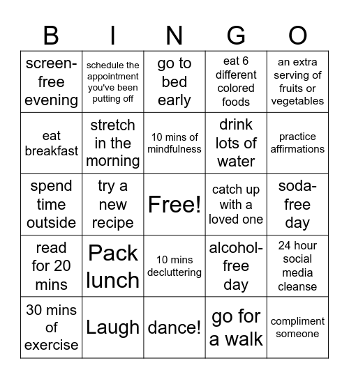 Healthy Living Week Bingo Card