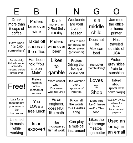 Workplace Bingo Card