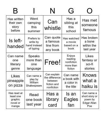 Back to School Bingo Card