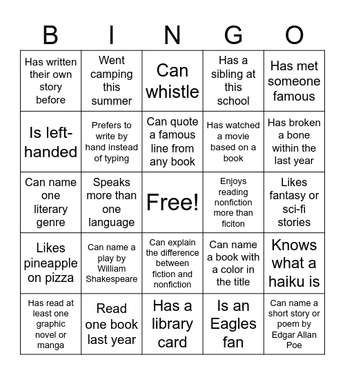 Back to School Bingo Card