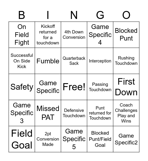 Thursday Night Football Bingo Card