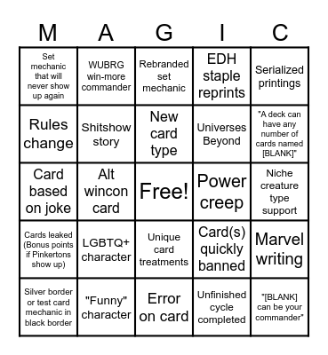 Magic Set Bingo Card