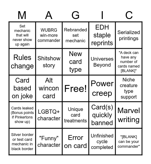 Magic Set Bingo Card