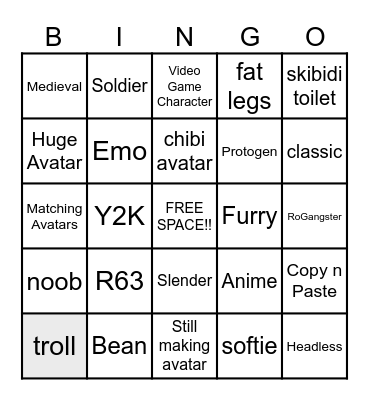 Catalog Avatar Creator Bingo Card