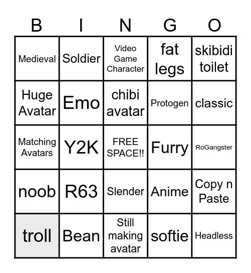 Catalog Avatar Creator Bingo Card