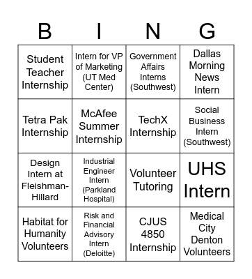 Internship Bingo - TEST Bingo Card