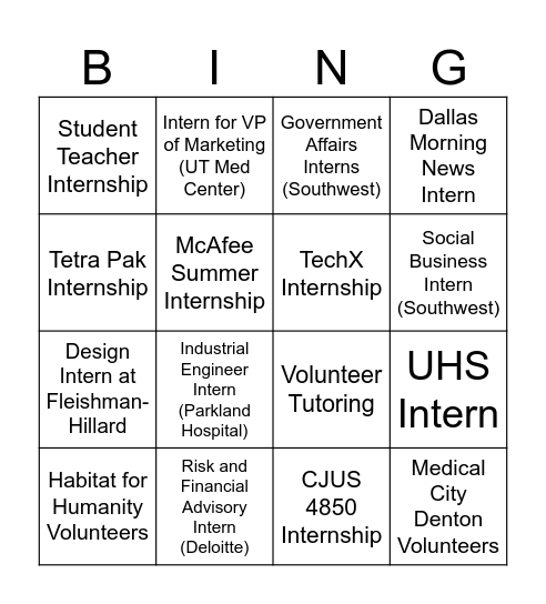 Internship Bingo - TEST Bingo Card