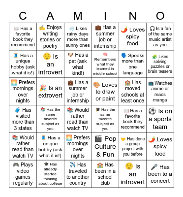 Camino Bingo Card