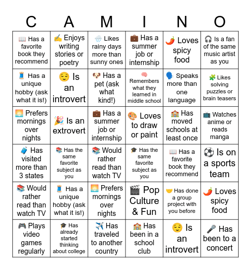 Camino Bingo Card