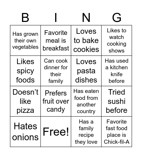 Foodie Bingo Card