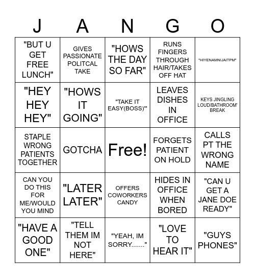 JANGO Bingo Card