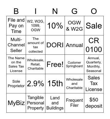 Major Tax Bingo Modules 1-10 Bingo Card