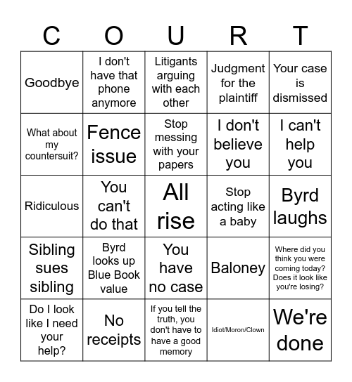 Judge Judy Bingo Card
