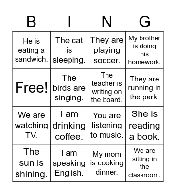 Present continuous Bingo! Bingo Card
