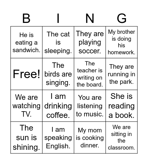Present continuous Bingo! Bingo Card